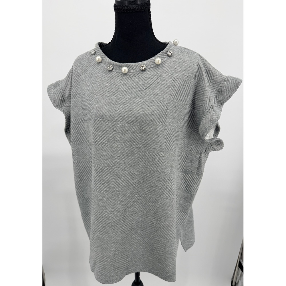 Simply Southern Quilted Top Women XXL Gray NEW Pearl Crystal Embellished Ruffle